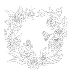 floral wreath of twigs with leaves and flowers for your coloring