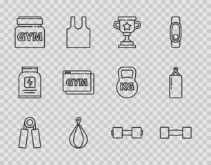 Set line Sport expander, Dumbbell, Award cup, Punching bag, Sports nutrition, Online fitness training, and icon. Vector