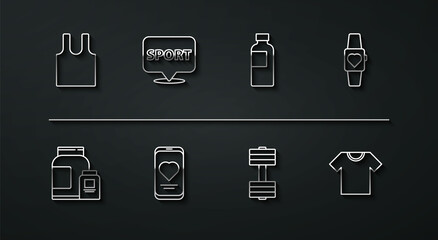 Set line Sleeveless T-shirt, Sports nutrition, Smartwatch, Dumbbell, Mobile with heart rate, Location gym, and Fitness shaker icon. Vector