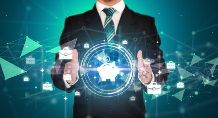 Businessman holdig business icons concept
