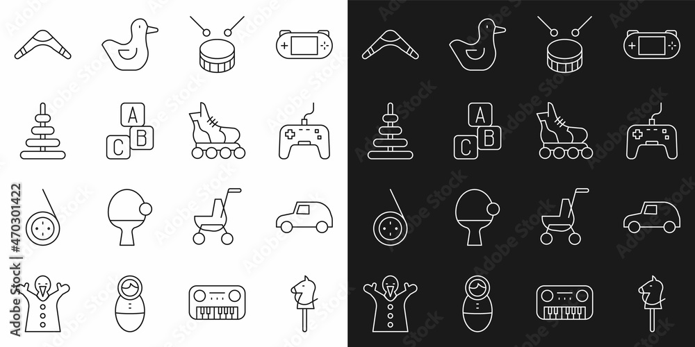 Wall mural Set line Toy horse, car, Gamepad, Drum with drum sticks, ABC blocks, Pyramid toy, Boomerang and Roller skate icon. Vector