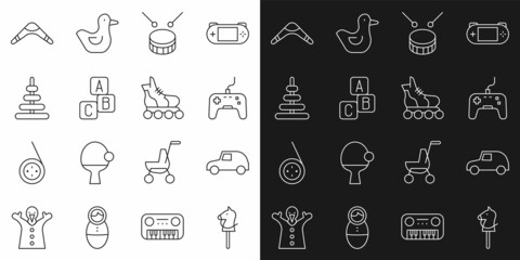 Set line Toy horse, car, Gamepad, Drum with drum sticks, ABC blocks, Pyramid toy, Boomerang and Roller skate icon. Vector