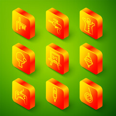 Set line Basketball backboard, Ray gun, Toy puppet doll on hand, Racket, Chalkboard, Whirligig toy, Gamepad and Marker pen icon. Vector