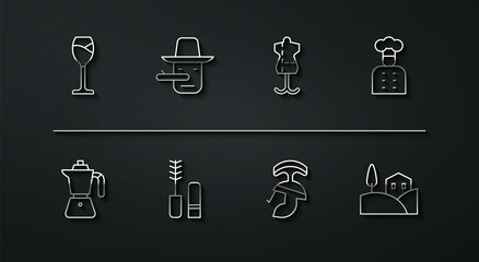 Set line Wine glass, Coffee moca pot, Italian cook, Roman army helmet, Mascara brush, Pinocchio, Village landscape and Mannequin icon. Vector