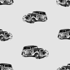 Seamless background of textured sketches retro car