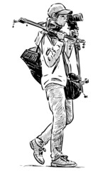 Sketch of young professional photographer with equipment walking for a work