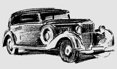 Vector textured hand drawing of retro car