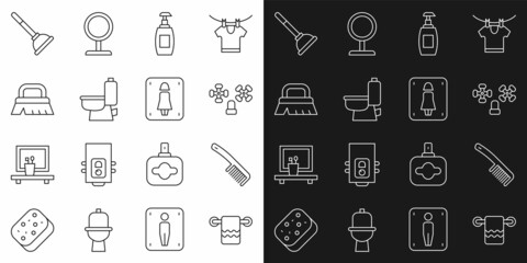 Set line Towel on a hanger, Hairbrush, Water tap, Bottle of liquid soap, Toilet bowl, Brush for cleaning, Rubber plunger and Female toilet icon. Vector
