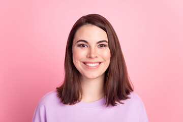 Fototapeta premium Photo of young cheerful charming lady good mood toothy smile clinic isolated over pink color background