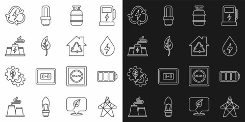 Set line Electric tower, Battery, Water energy, Propane gas tank, Leaf or leaves, Power station plant factory, with recycle and Eco House recycling icon. Vector
