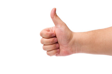 A man's hand showing a thumbs up, isolated on a white background.