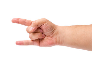 A man's hand showing the rock symbol, isolated on a white background.