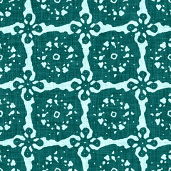Aegean teal mottled rustic circle linen texture background. Summer dotted coastal living style. Light turquoise blue cloth effect textile seamless pattern. Washed out beach cottage fabric material. 
