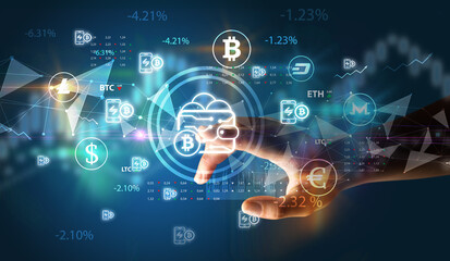 Business person hand pushing currency symbol on multimedia touch screen