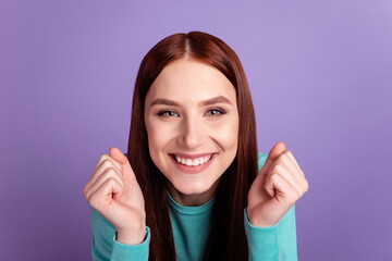 Photo of young cheerful girl have fun rejoice victory discount isolated over violet color background