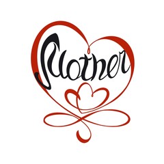 the word "mom" in a red heart, lettering for mother's day in black and red.  isolated illustration on a white background.