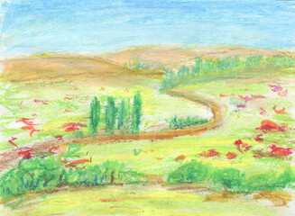 Soutthern landscape with fields, trees, hills and road leading into distance. Painted on paper with oil pastels.