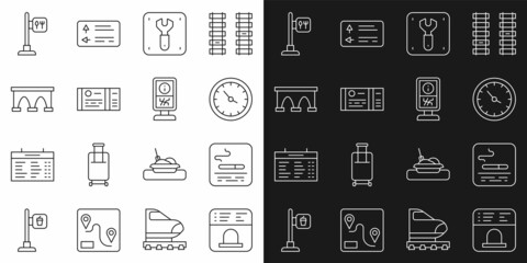 Set line Ticket office to buy tickets, Smoking area, Train station clock, Repair railway, Bridge for train, Cafe and restaurant location and Information stand icon. Vector