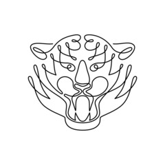 Line art tiger character, Chinese New Year 2022 zodiac symbol. Vector illustration. Hand drawn wild animal face logo for minimal poster design, simple linear stylized tattoo