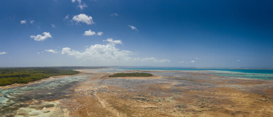 Tropical island of Zanzibar, Tanzania. Coastline, ocean and boats. Amazing nature and beautiful views