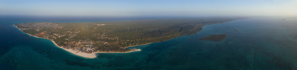 Tropical island of Zanzibar, Tanzania. Coastline, ocean and boats. Amazing nature and beautiful views