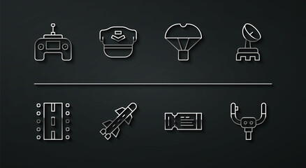 Set line Drone remote control, Airport runway, Radar, Airline ticket, Rocket, Pilot hat, Aircraft steering helm and Box flying parachute icon. Vector