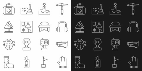 Set line Christmas mitten, Biathlon rifle, Winter headphones, Award winner podium, Folded map, Road sign avalanches, First aid kit and Hockey helmet icon. Vector