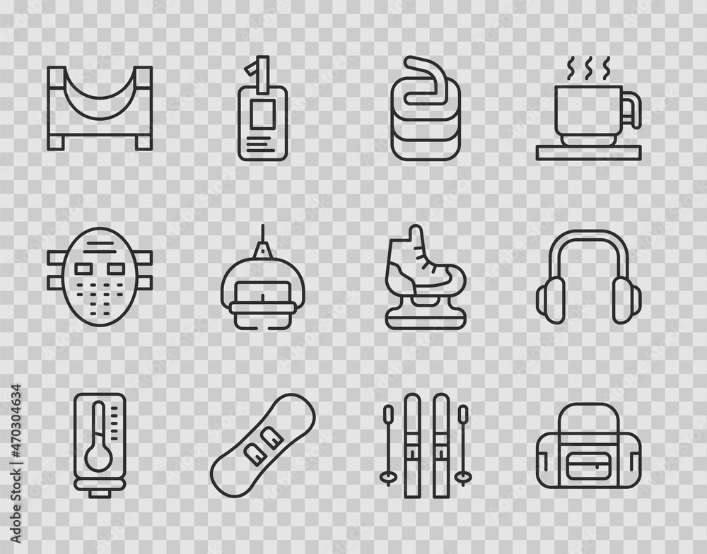 Poster Set line Meteorology thermometer, Sport bag, Stone for curling, Snowboard, Skate park, Ski lift, and sticks and Winter headphones icon. Vector