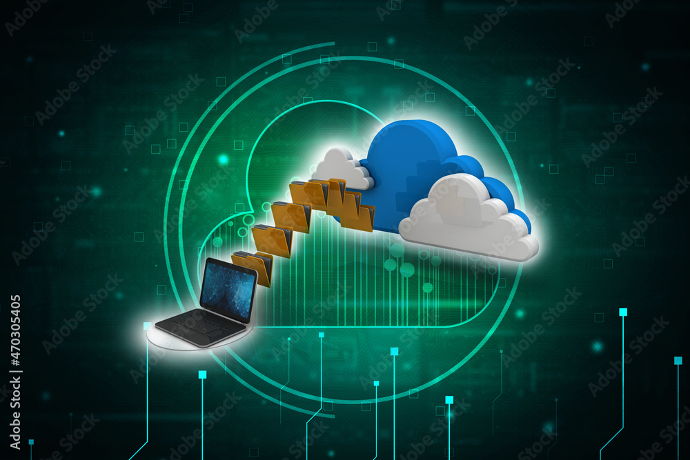 Poster 3d rendering cloud folder storage in laptop
