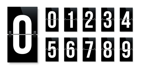 Flip board style numbers vector illustration. Airport terminal, arrival board with numbers template. Realistic flip scoreboard, analog timetable or countdown symbols. Flight destination display - obrazy, fototapety, plakaty