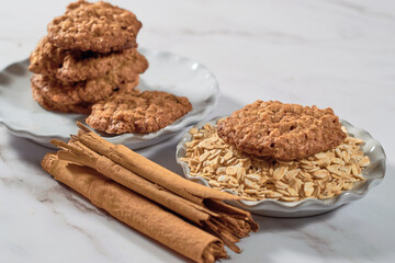 Stack of oatmeal cookies with dates. Healthy dessert concept.