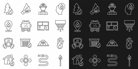 Set line Burning match with fire, No, Smoke alarm system, Firefighter, truck, Location flame, forest tree and Evacuation plan icon. Vector