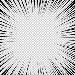 Flash explosion radial lines in comic book or manga style isolated on transparent background. Vector black light strips burst