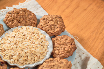 Stack of oatmeal cookies with dates. Healthy dessert concept.