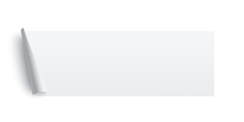 Rectangle paper sticker with curl corner vector illustration. White sticker blank page leaf with curved rolled edge, empty flip document, template design element isolated on white