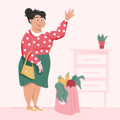 Happy woman holding a purse and waving hand indoor vector cartoon illustration.
