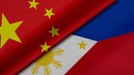 3D Rendering of two flags from China and Republic of the Philippines together with fabric texture, bilateral relations, peace and conflict between countries, great for background