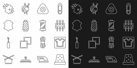 Set line Thimble for sewing, Sewing pattern, Needle, chalk, thread on spool, Leather, and icon. Vector