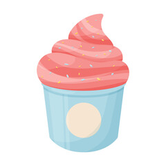 Ice cream in the cup vector cartoon illustration. Summer strawberry dessert with sprinkles.