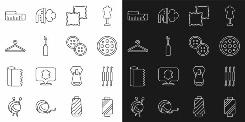Set line Sewing thread on spool, Crochet hook, button, Textile fabric roll, Awl tool, Hanger wardrobe, Tape measure and icon. Vector