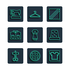 Set line Scissors, Sewing button, pattern, Textile fabric roll, Zipper, Shirt, machine and Thimble for sewing icon. Vector