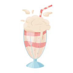 Milkshake in the glass vector cartoon illustration. Summer strawberry beverage with ice cream.