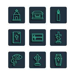 Set line Tear cry eye, Grave with cross, Coffin, Burning candle, Beat dead monitor, Holy bible book, Old crypt and icon. Vector