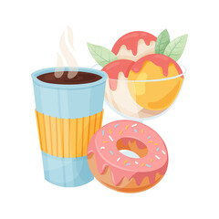 Set of tasty desserts. Donut with pink glaze, a cup of coffee, and ice cream in the glass isolated on white background.