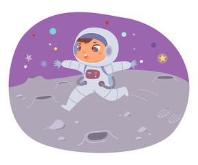 Kid astronaut jumping on moon surface, space adventure, child running with low gravity