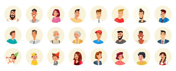 Round avatars set with faces of people, comic portraits of happy social media users