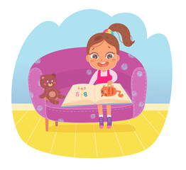 Kid reading open story book with laugh vector illustration. Cartoon little childr sitting in chair with teddy bear, cute girl laughing from funny literature from library isolated on white