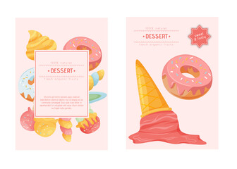 Desserts poster design. Donut with glaze, ice cream in the waffle cone and on the stick.