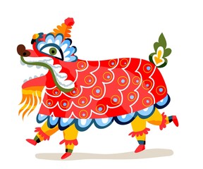 Chinese New Year celebration animal costume. Traditional Asian festival vector illustration. People in fabric of spirit red animal, legs of people isolated on white background