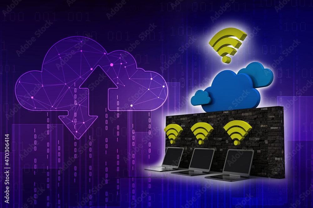 Poster 3d rendering cloud online storage icons with laptop and wifi